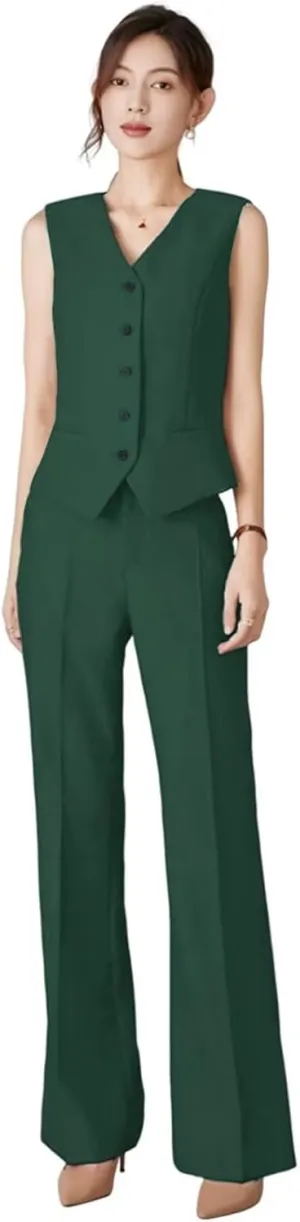 Womens V Neck Vest Pants Suit 2 Piece Set Sleeveless Waistcoat Outfits