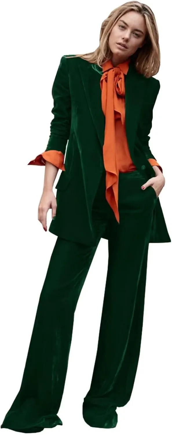 Women's Velvet 2 Piece Outfits Solid Blazer Jacket Work Office Pants Suit Set