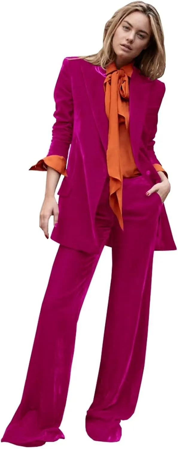 Women's Velvet 2 Piece Outfits Solid Blazer Jacket Work Office Pants Suit Set