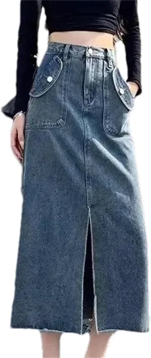 Women's Vintage Fringed Denim Skirt  Spring High-Waisted Loose-Fit Plus Size Casual Straight-Leg Split Skirt