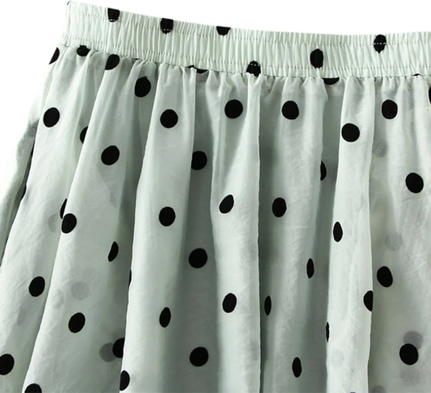 Women's Vintage Polka Dots Tulle Skirts Elastic Waist A Line Pleated Ruffle Midi Skirt Summer Loose Flowy Skirts