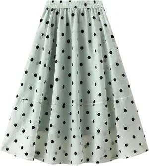 Women's Vintage Polka Dots Tulle Skirts Elastic Waist A Line Pleated Ruffle Midi Skirt Summer Loose Flowy Skirts
