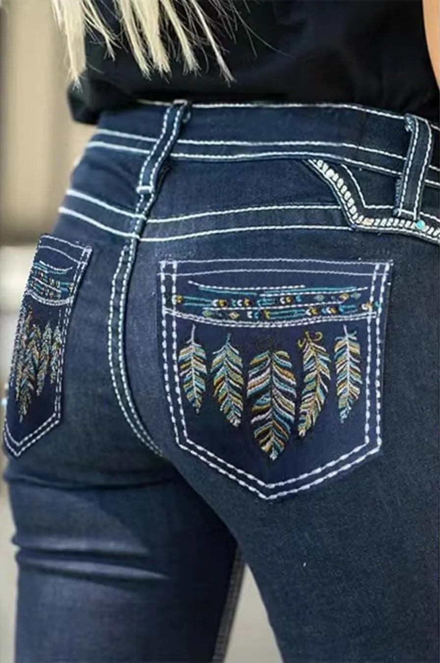 Women's Vintage Stretchy Bootcut Jeans High Waisted Feather Embroidery Jeans Slim Wide Leg Denim Pants