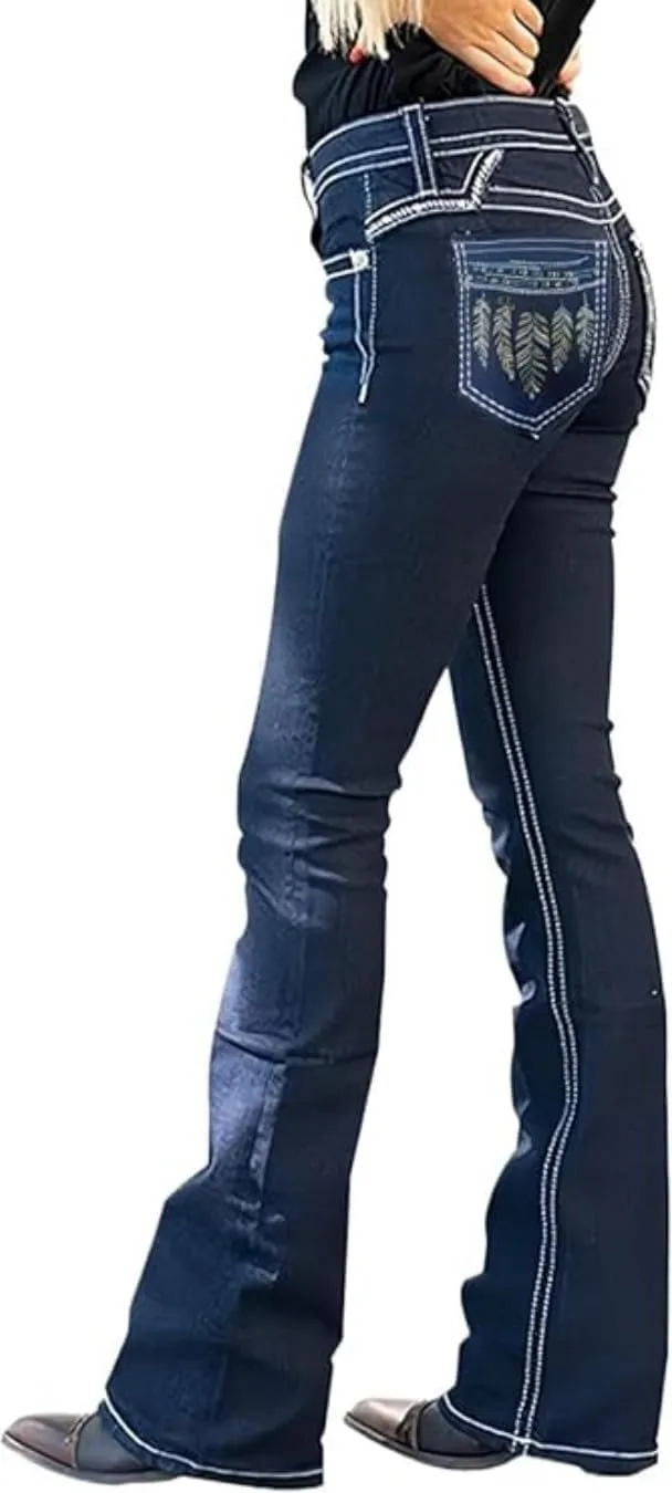 Women's Vintage Stretchy Bootcut Jeans High Waisted Feather Embroidery Jeans Slim Wide Leg Denim Pants