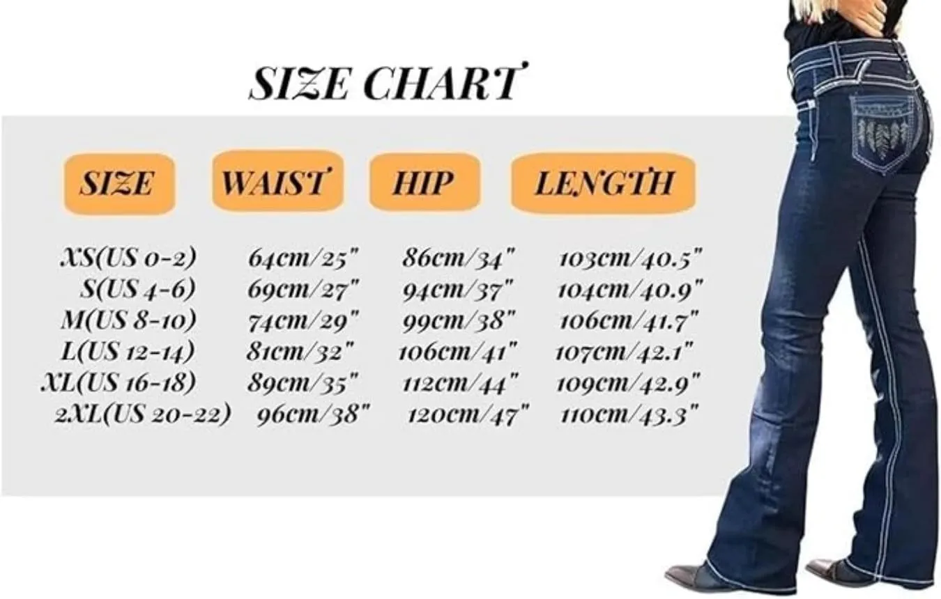 Women's Vintage Stretchy Bootcut Jeans High Waisted Feather Embroidery Jeans Slim Wide Leg Denim Pants