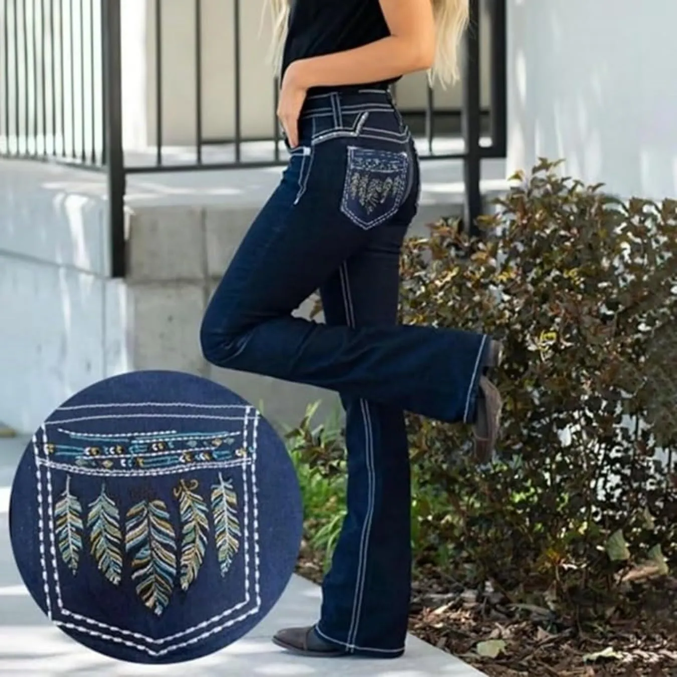 Women's Vintage Stretchy Bootcut Jeans High Waisted Feather Embroidery Jeans Slim Wide Leg Denim Pants