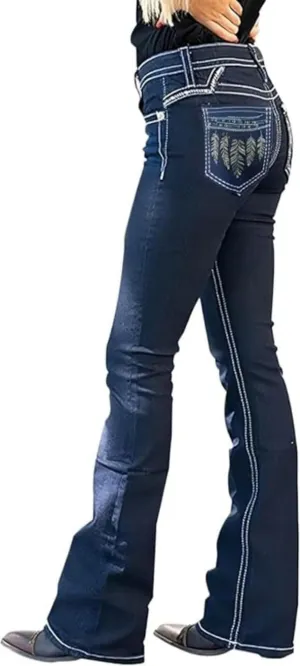 Women's Vintage Stretchy Bootcut Jeans High Waisted Feather Embroidery Jeans Slim Wide Leg Denim Pants