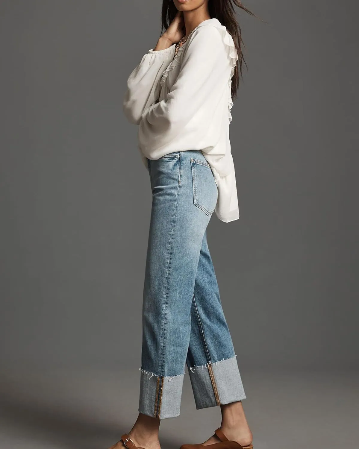Women's Wide Cuff Jeans High Rise Straight Leg Cropped Jeans Casual Boyfriend Denim Pants