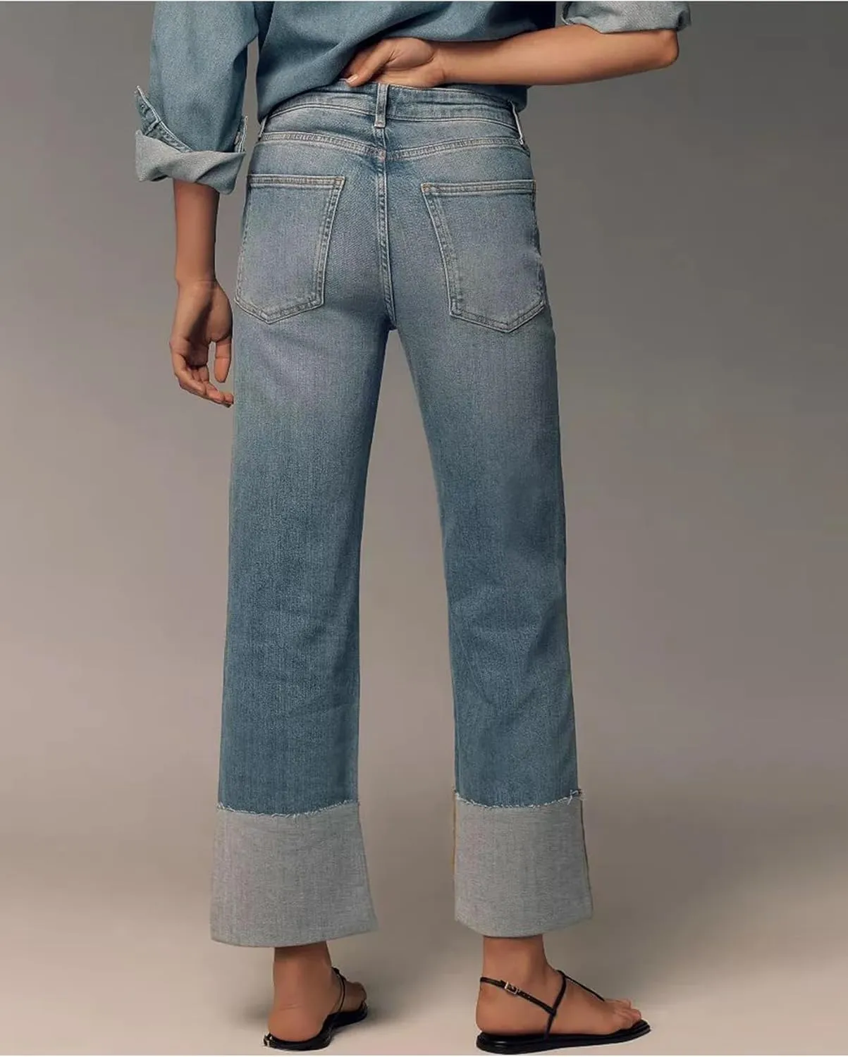 Women's Wide Cuff Jeans High Rise Straight Leg Cropped Jeans Casual Boyfriend Denim Pants