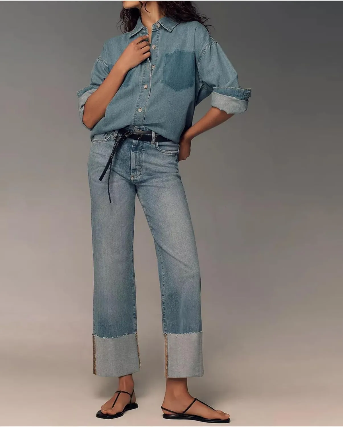 Women's Wide Cuff Jeans High Rise Straight Leg Cropped Jeans Casual Boyfriend Denim Pants
