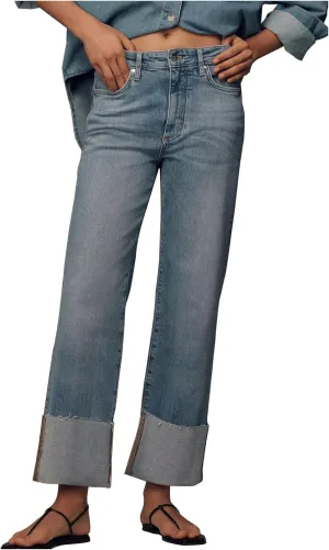 Women's Wide Cuff Jeans High Rise Straight Leg Cropped Jeans Casual Boyfriend Denim Pants