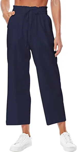 Women's Wide Leg Capri Pants Summer Linen Elastic Smocked Waist Straight Leg Pants Drawstring Casual Outdoor Hiking Trousers