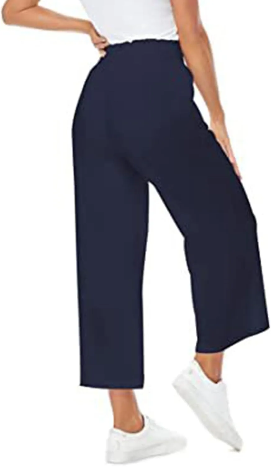 Women's Wide Leg Capri Pants Summer Linen Elastic Smocked Waist Straight Leg Pants Drawstring Casual Outdoor Hiking Trousers