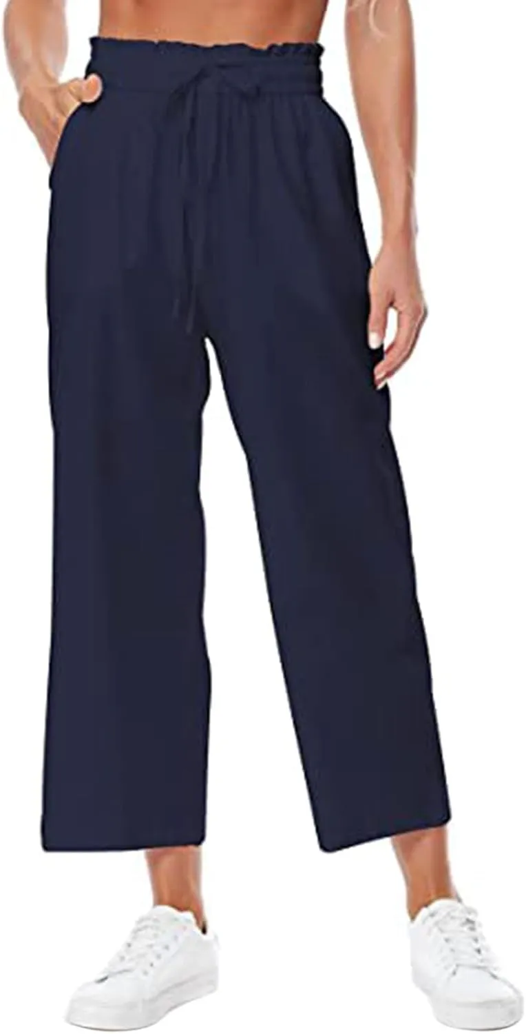 Women's Wide Leg Capri Pants Summer Linen Elastic Smocked Waist Straight Leg Pants Drawstring Casual Outdoor Hiking Trousers