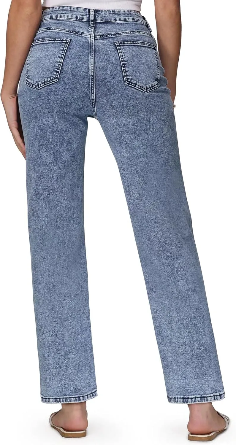 Womens Wide Leg Jeans High Waisted Stretchy Front Seams Ankle Length Straight Leg Jeans for Women