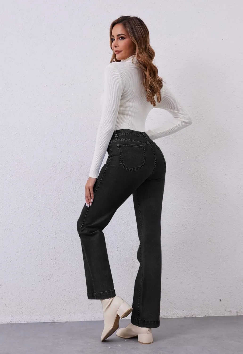 Womens Wide Leg Jeans High Waisted Stretchy Straight Leg Jeans Trendy Loose Denim Pants with Pockets