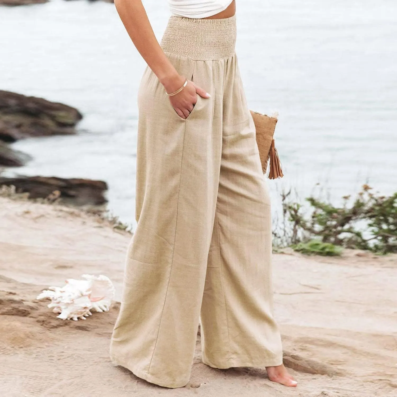 Womens Wide Leg Palazzo Pants Cotton Linen Pleated Smocked High Waisted Pants Summer Casual Lounge Trousers with Pockets