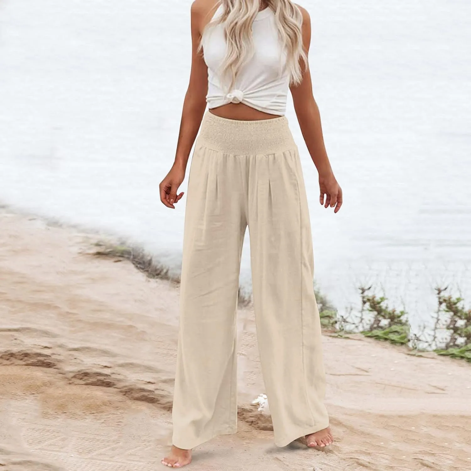 Womens Wide Leg Palazzo Pants Cotton Linen Pleated Smocked High Waisted Pants Summer Casual Lounge Trousers with Pockets