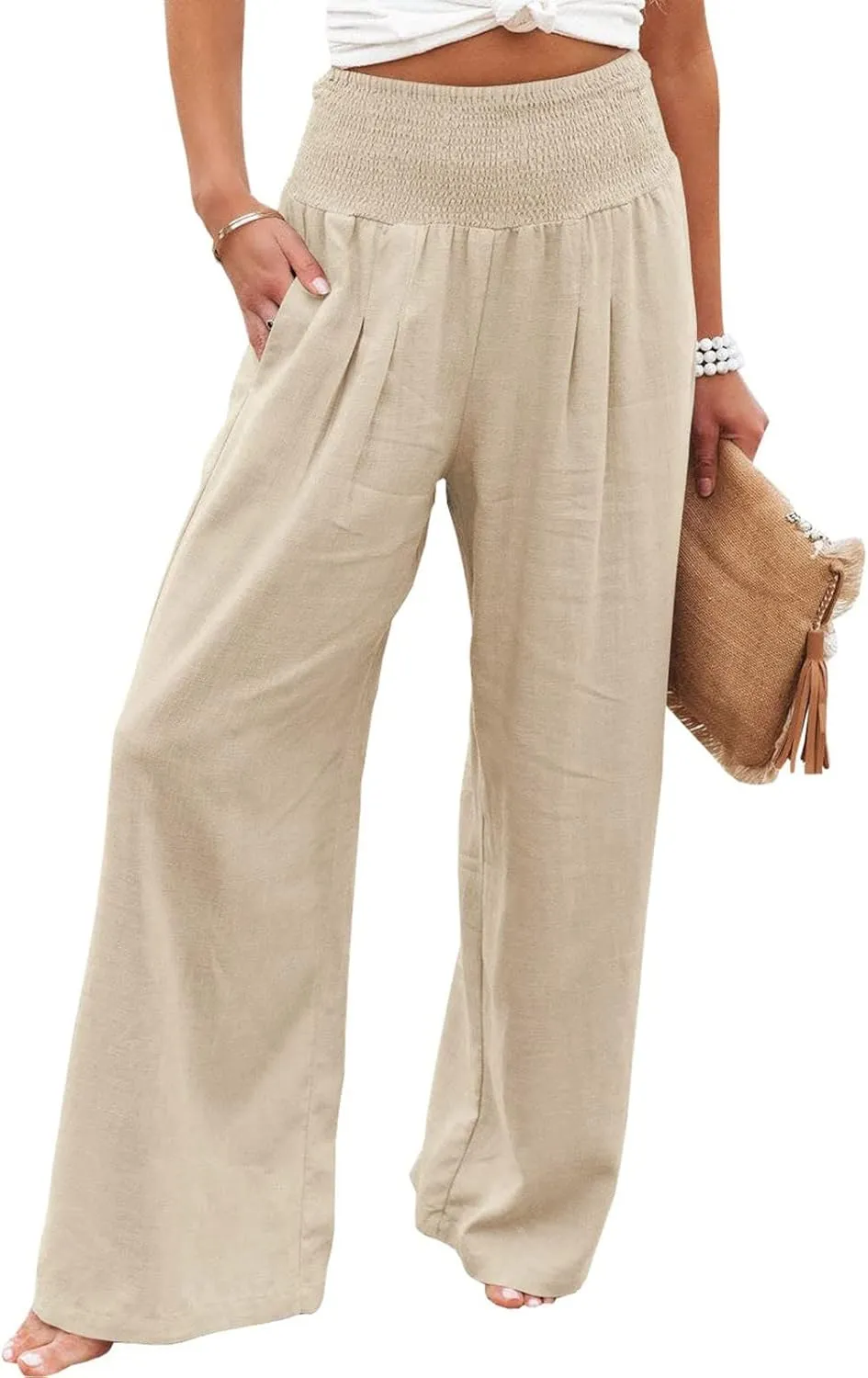 Womens Wide Leg Palazzo Pants Cotton Linen Pleated Smocked High Waisted Pants Summer Casual Lounge Trousers with Pockets