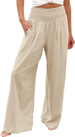 Womens Wide Leg Palazzo Pants Cotton Linen Pleated Smocked High Waisted Pants Summer Casual Lounge Trousers with Pockets
