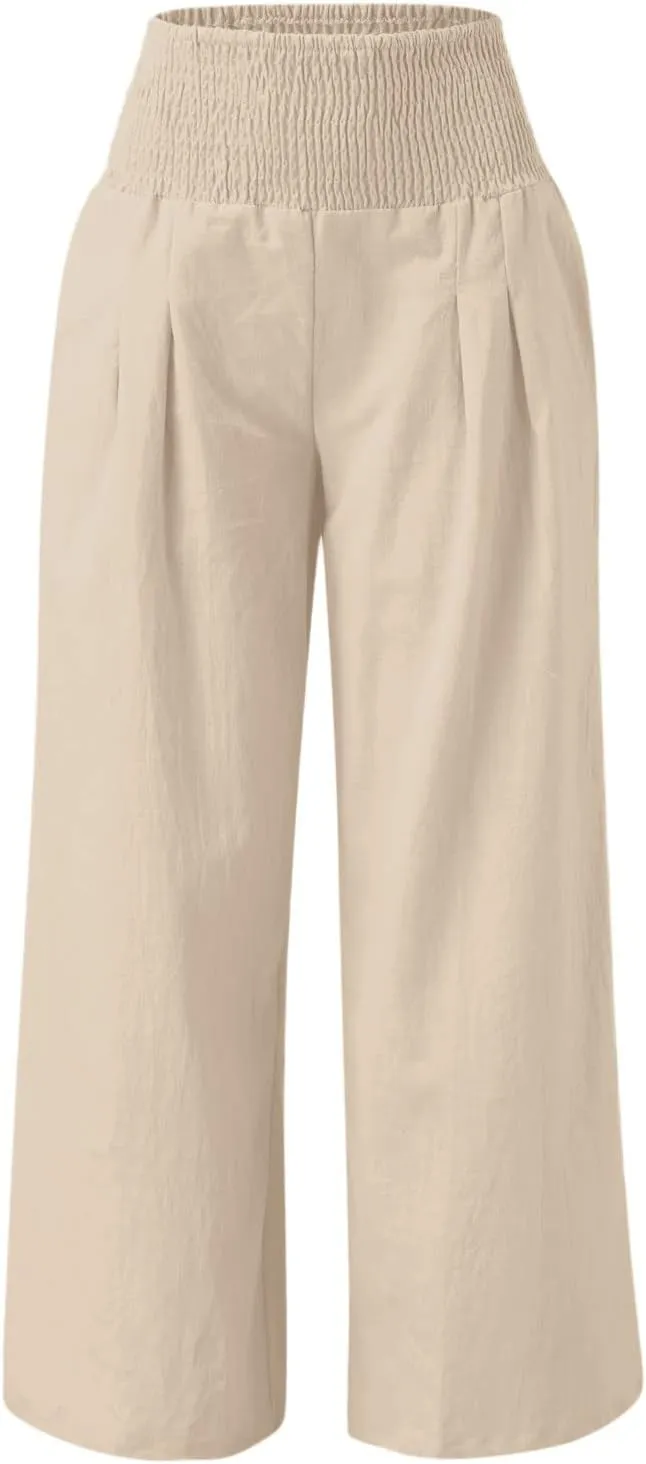 Womens Wide Leg Palazzo Pants Cotton Linen Pleated Smocked High Waisted Pants Summer Casual Lounge Trousers with Pockets