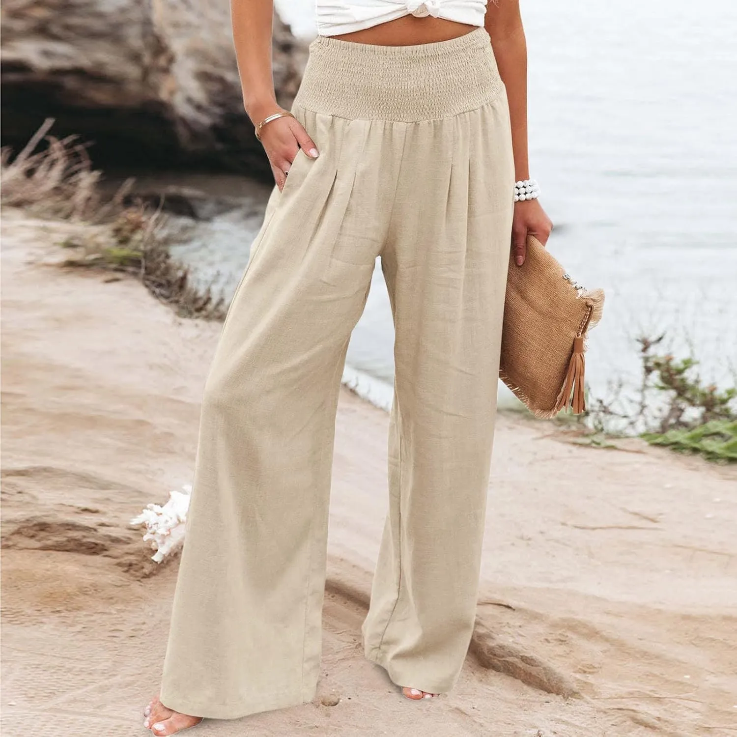 Womens Wide Leg Palazzo Pants Cotton Linen Pleated Smocked High Waisted Pants Summer Casual Lounge Trousers with Pockets