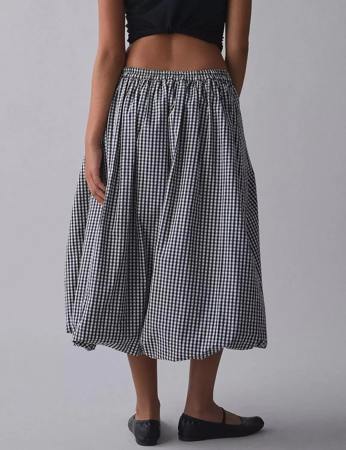 Women's Y2k Bubble Midi Skirt Plaid Elastic High Waist A Line Summer Casual Fairy Ruffle Long Skirt