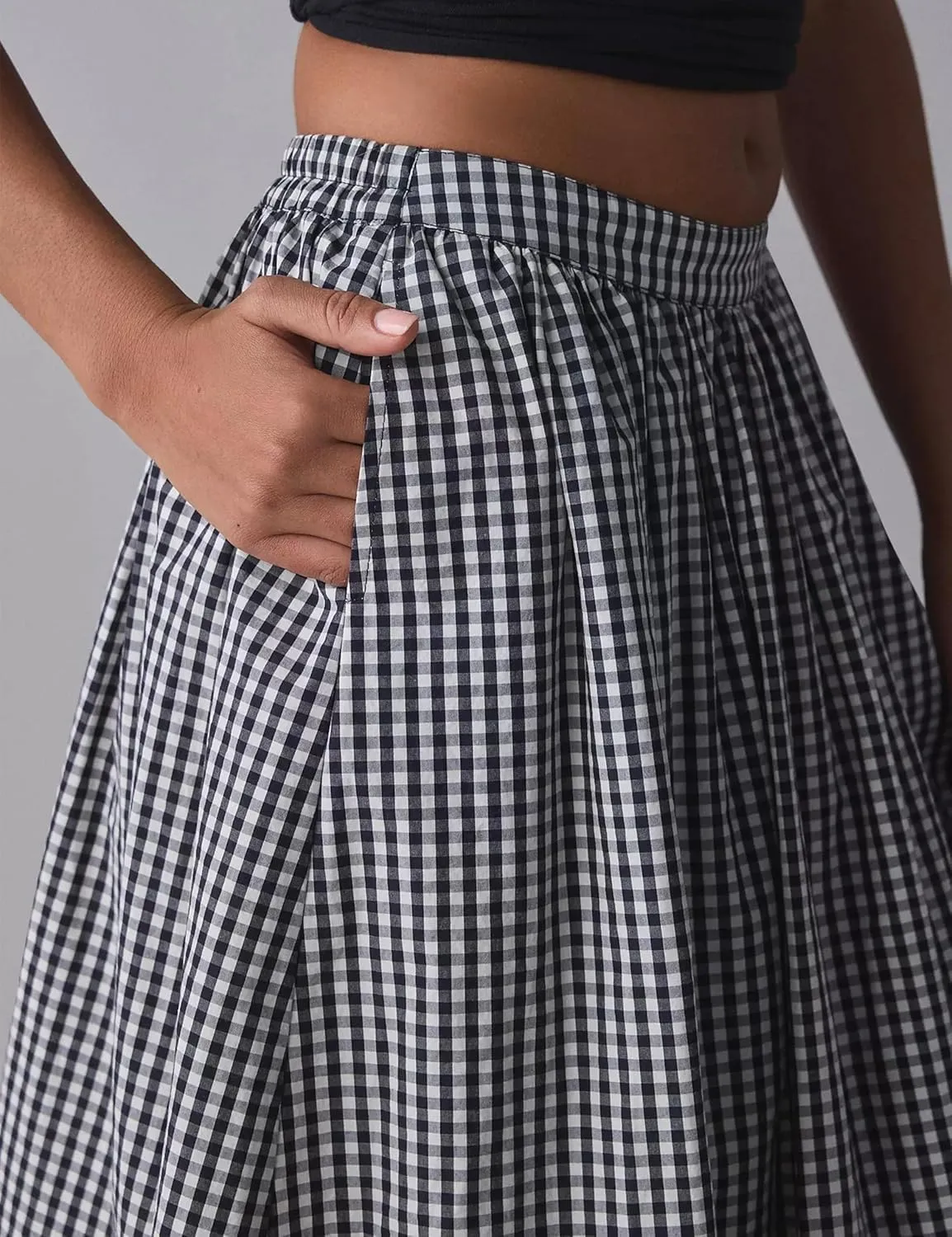 Women's Y2k Bubble Midi Skirt Plaid Elastic High Waist A Line Summer Casual Fairy Ruffle Long Skirt