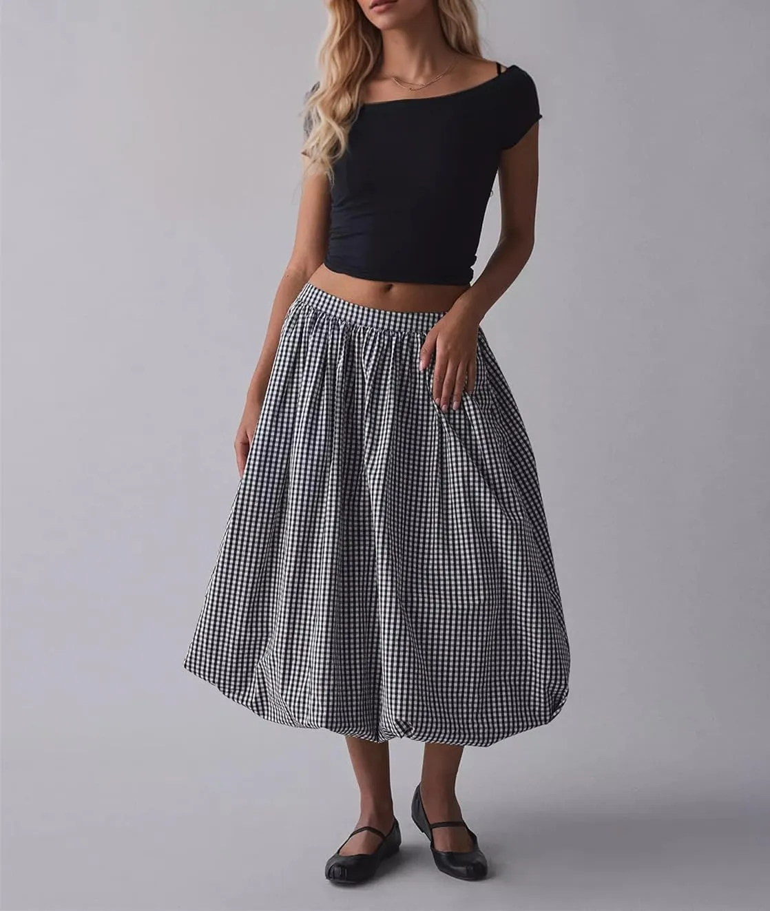 Women's Y2k Bubble Midi Skirt Plaid Elastic High Waist A Line Summer Casual Fairy Ruffle Long Skirt
