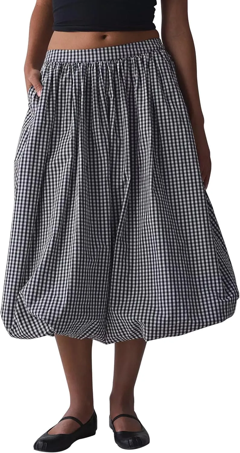 Women's Y2k Bubble Midi Skirt Plaid Elastic High Waist A Line Summer Casual Fairy Ruffle Long Skirt