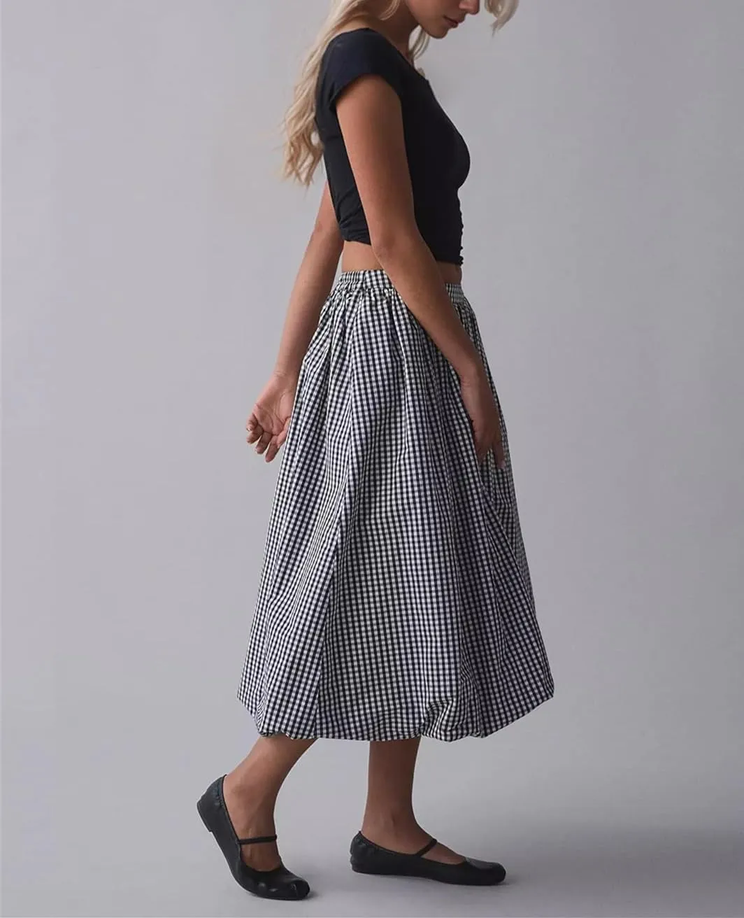 Women's Y2k Bubble Midi Skirt Plaid Elastic High Waist A Line Summer Casual Fairy Ruffle Long Skirt