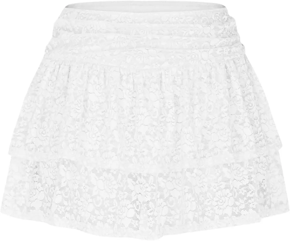 Womens Y2k Lace Mini Skirt Fairy Mesh Floral Mid Low Rise Ruffle Half Slip Skirt Sexy Layered Flowy Short Skirt