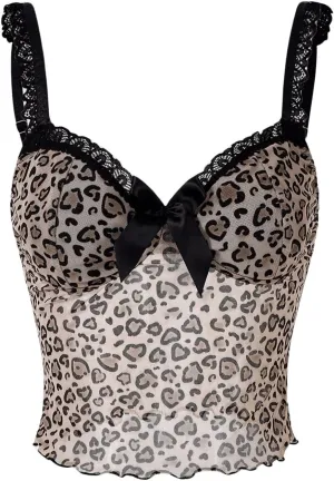 Women's Y2K Leopard Print Camisole Mesh Tops Streetwear Women Lace Trim Sleeveless Cami Shirts Clubwear Crop Tops