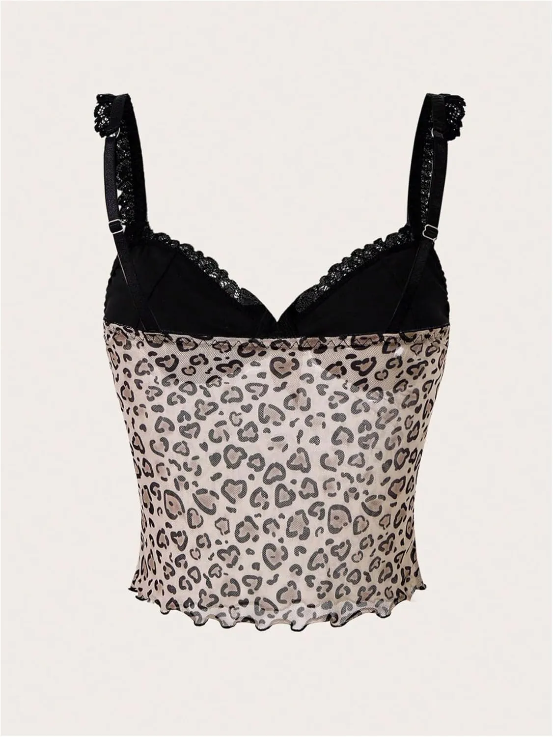 Women's Y2K Leopard Print Camisole Mesh Tops Streetwear Women Lace Trim Sleeveless Cami Shirts Clubwear Crop Tops