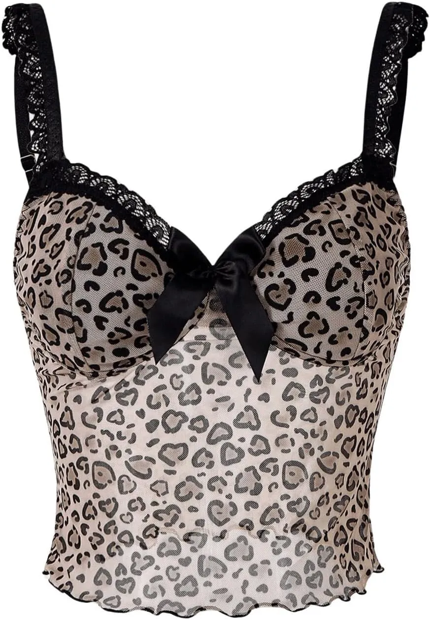 Women's Y2K Leopard Print Camisole Mesh Tops Streetwear Women Lace Trim Sleeveless Cami Shirts Clubwear Crop Tops