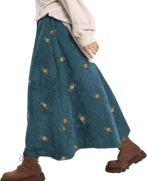 Wowcarbazole Women Corduroy Long Skirt Vintage A-Line Elastic Waist Cottagecore Floral Embroidery Fall Boho Maxi Skirts
