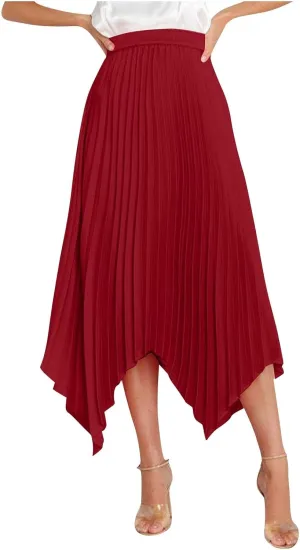 Xiaojmake Pleated Chiffon Skirts for Women High Elastic Waisted Flowy Asymmetrical Skirt Dressy High Low Summer Midi Skirts