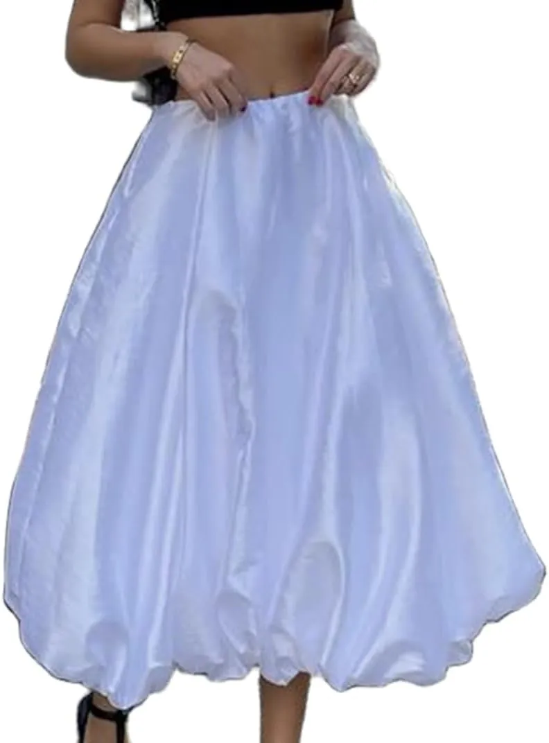 Y2k Bubble Maxi Skirt for Women Boho High Elastic Waist A Line Pleated Long Skirt Ruffle Smocked Midi Skirt