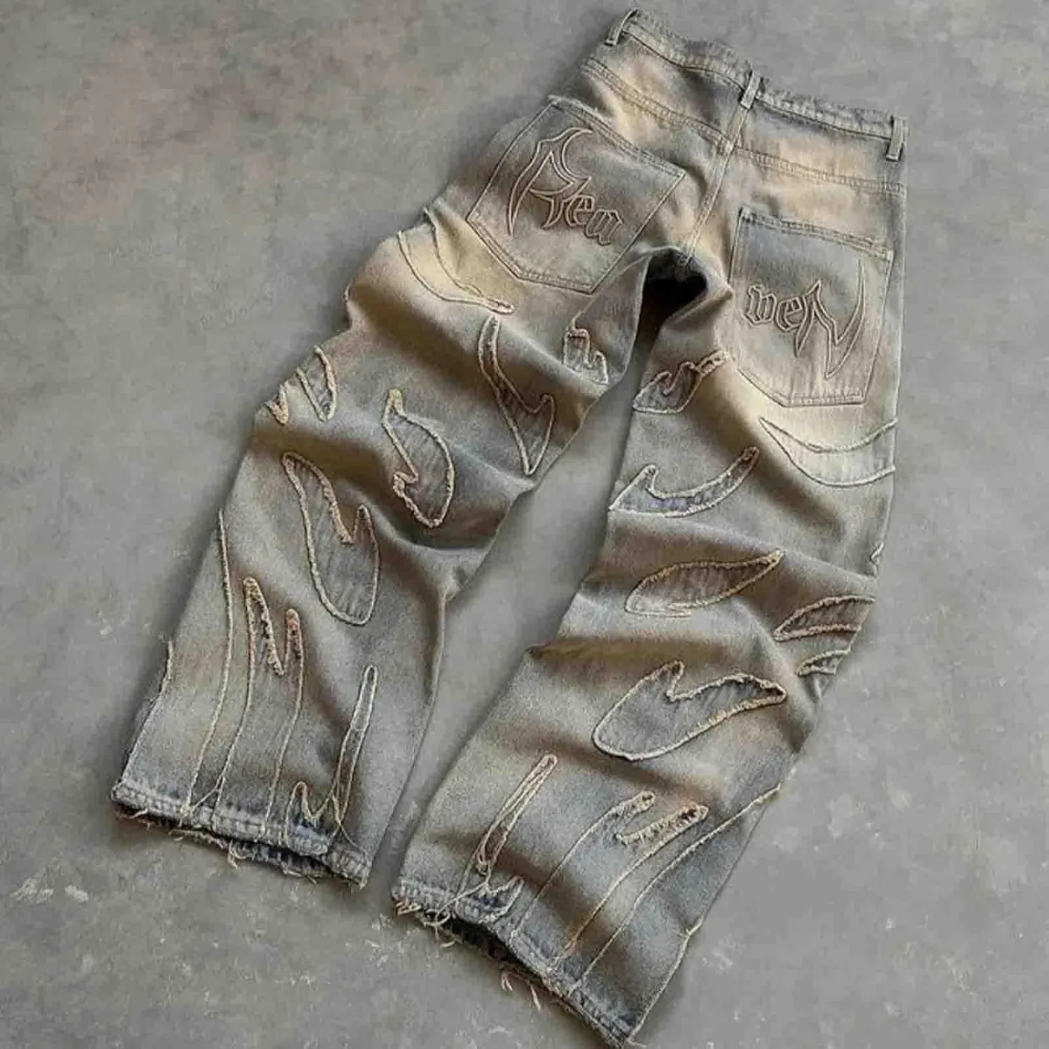 Y2K Jeans Men's Hip-hop Retro Flame Splicing Wide Leg Women's Gothic Straight Tube Loose Jeans