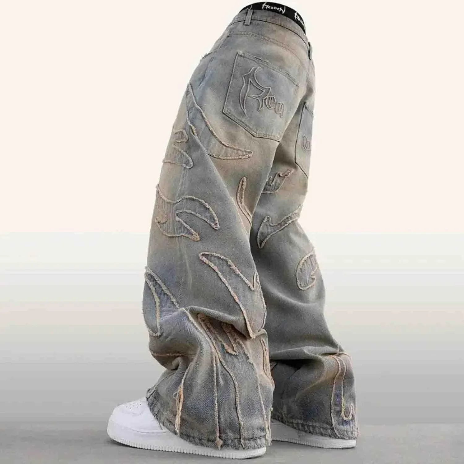 Y2K Jeans Men's Hip-hop Retro Flame Splicing Wide Leg Women's Gothic Straight Tube Loose Jeans
