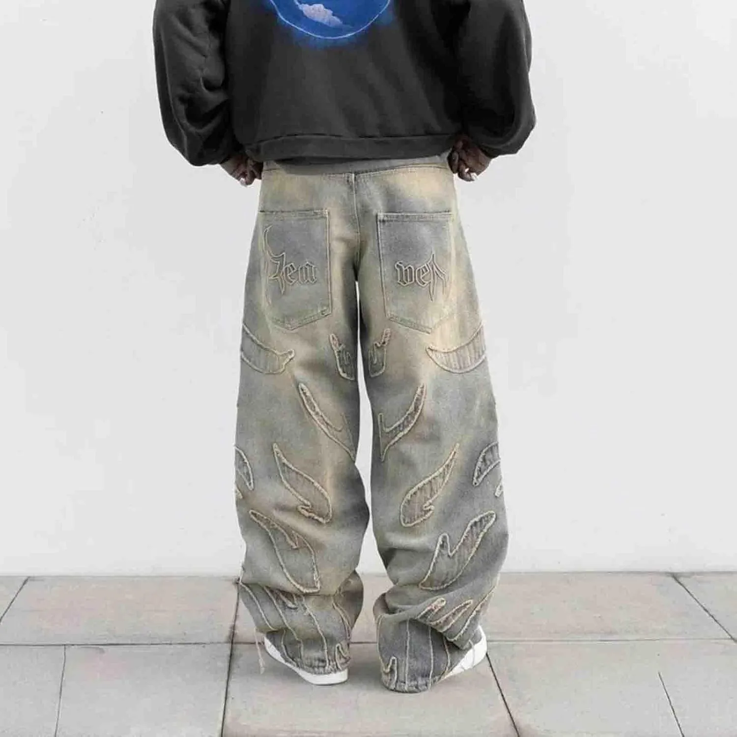 Y2K Jeans Men's Hip-hop Retro Flame Splicing Wide Leg Women's Gothic Straight Tube Loose Jeans