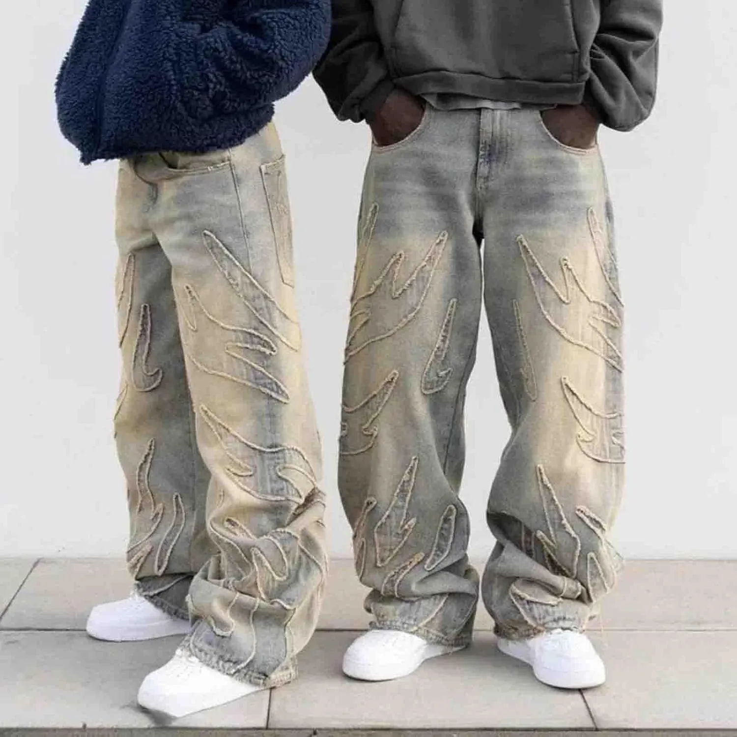 Y2K Jeans Men's Hip-hop Retro Flame Splicing Wide Leg Women's Gothic Straight Tube Loose Jeans