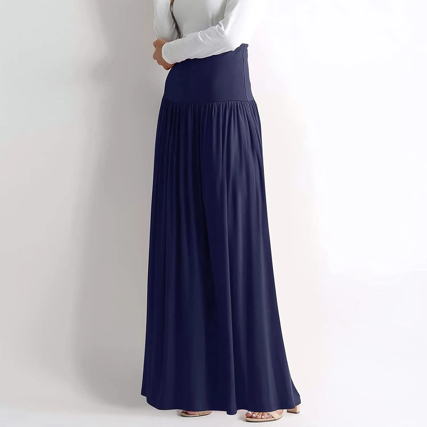 YOLAI Plus Size Maxi Skirts for Women High Waist Ankle Length Skirt A-Line Flowy Swing Pleated Skirt with Pockets