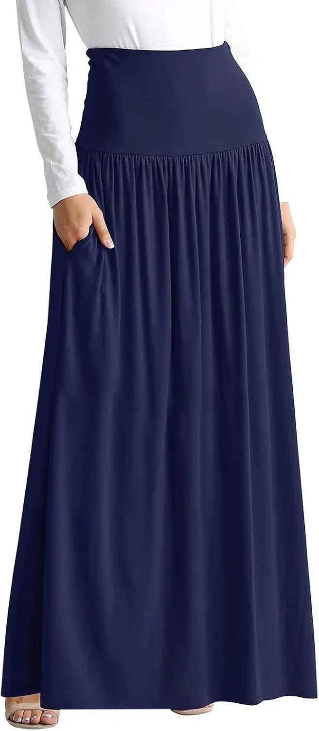 YOLAI Plus Size Maxi Skirts for Women High Waist Ankle Length Skirt A-Line Flowy Swing Pleated Skirt with Pockets