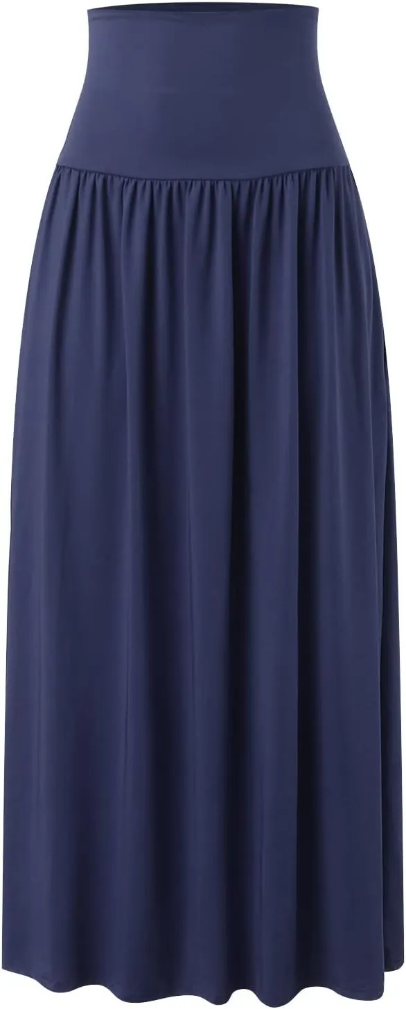 YOLAI Plus Size Maxi Skirts for Women High Waist Ankle Length Skirt A-Line Flowy Swing Pleated Skirt with Pockets