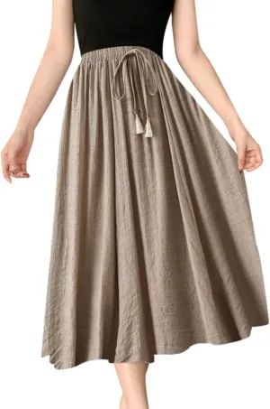 YOLAI Women Cotton and Linen Skirt Solid Color Casual Pleated Skirt Elastic Waist Drawstring A-Line Swing Skirt