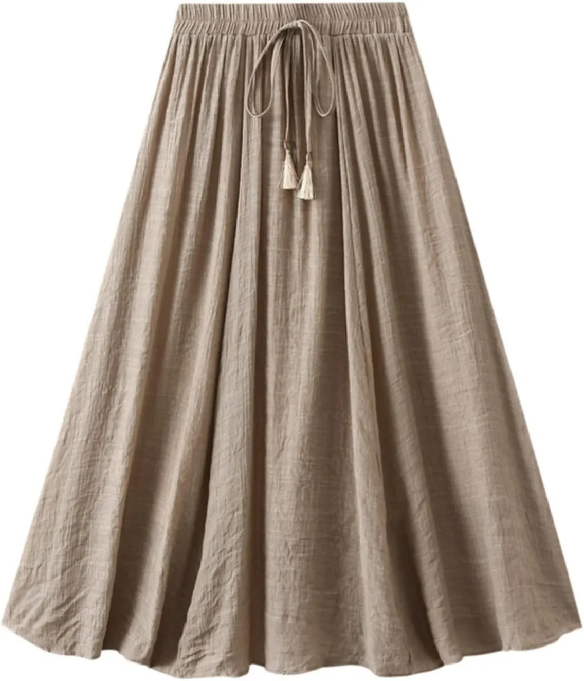 YOLAI Women Cotton and Linen Skirt Solid Color Casual Pleated Skirt Elastic Waist Drawstring A-Line Swing Skirt