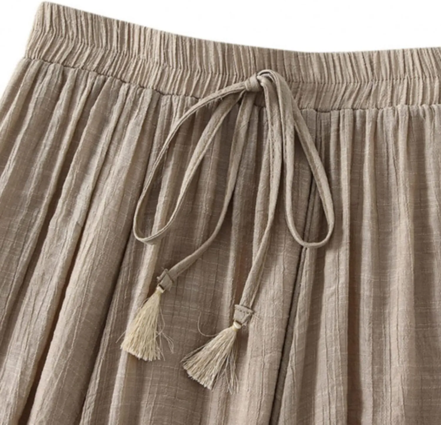 YOLAI Women Cotton and Linen Skirt Solid Color Casual Pleated Skirt Elastic Waist Drawstring A-Line Swing Skirt