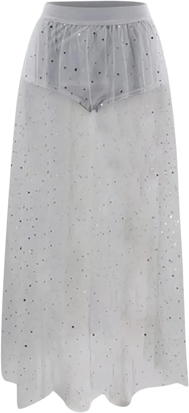 YOLAI Women Mesh See Through Skirt High Waist Galaxy Print Maxi Skirt Sexy 2 in 1 Sheer Skirt