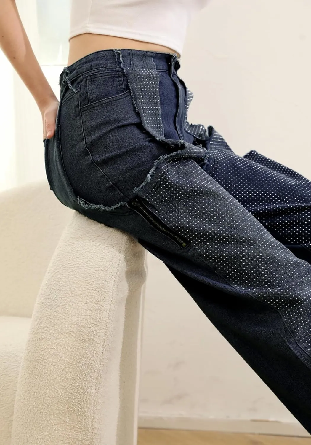 YOOTIKO Women Baggy Jeans Y2k High Waisted Wide Leg Boyfriend Patchwork Ripped Jeans Streetwear